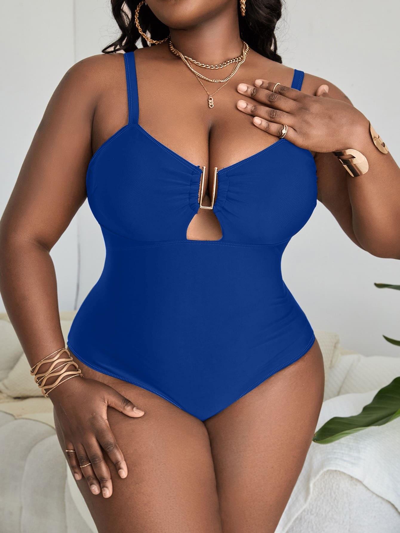 Solid Color Deep V Sexy Hollow Plus Size One-piece Swimsuit